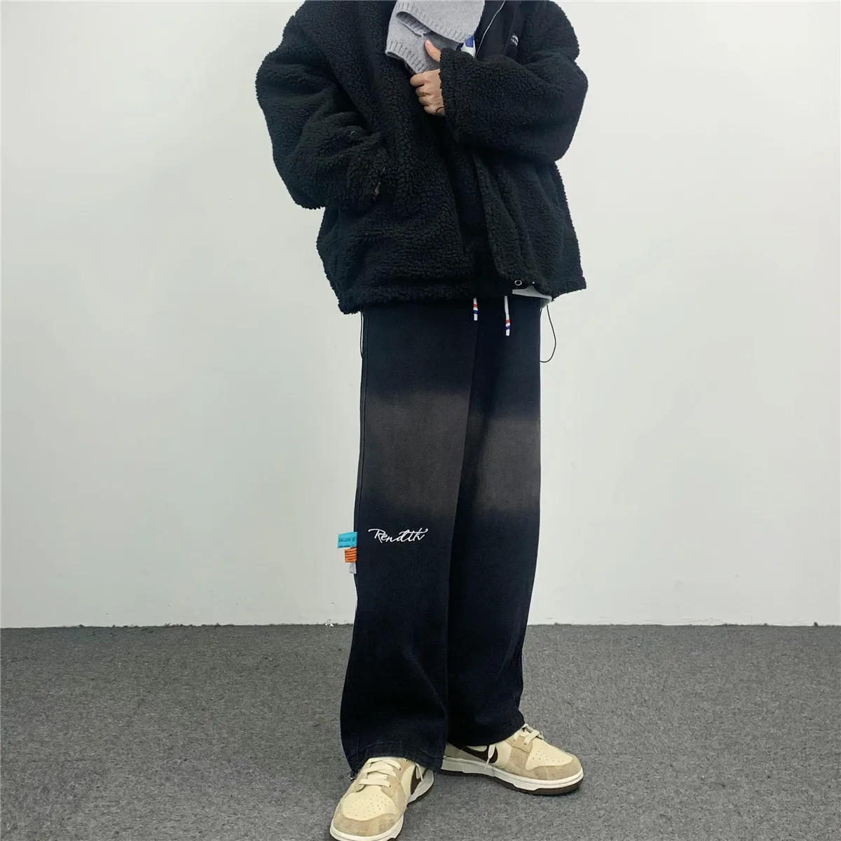 Men Jeans Ins Drawstring Design Letter Printing Color Gradient Loose Straight Jeans Y2k Fashion Street Jeans Ins Hot Sale Casual