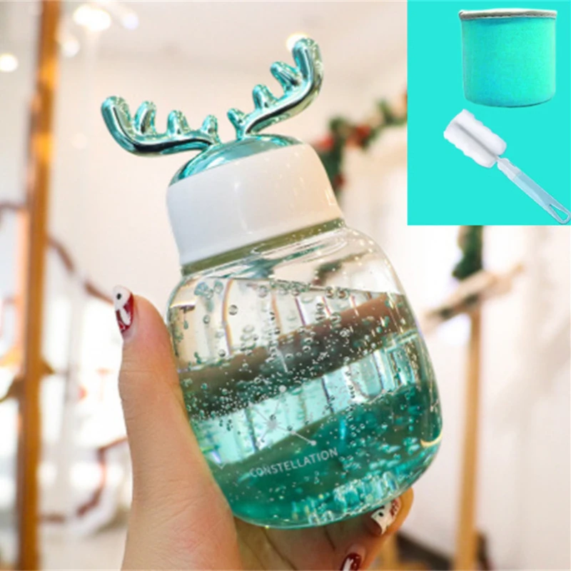 

300ML Cute Elk Glass Water Glass Version Thickened Glass Gradient Color Starry Sky Portable Rope Cup Student Glass Water Bottle