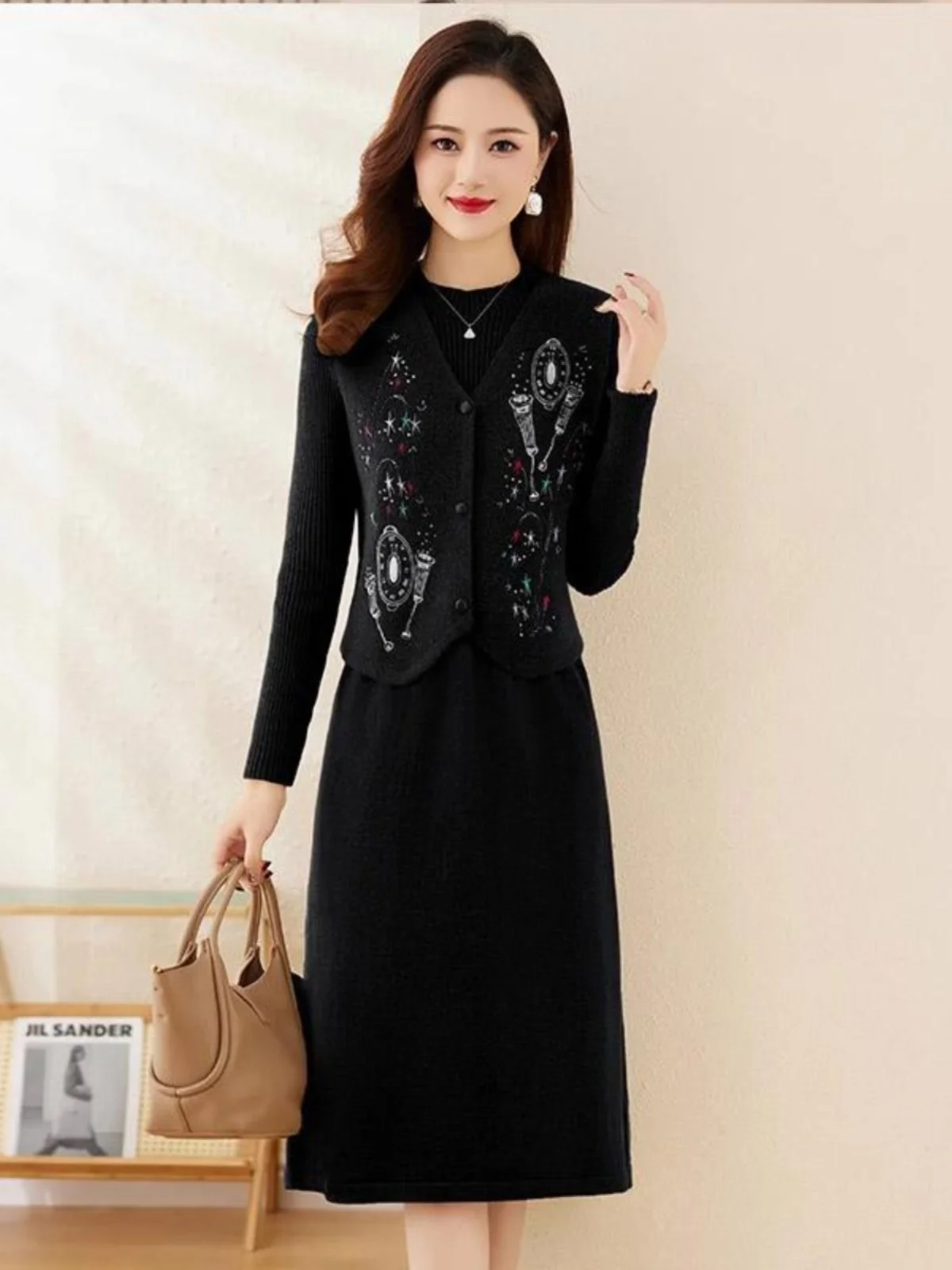 Вязаное платье жилет комплект из двух предметов женский 2024 осень и зима новый