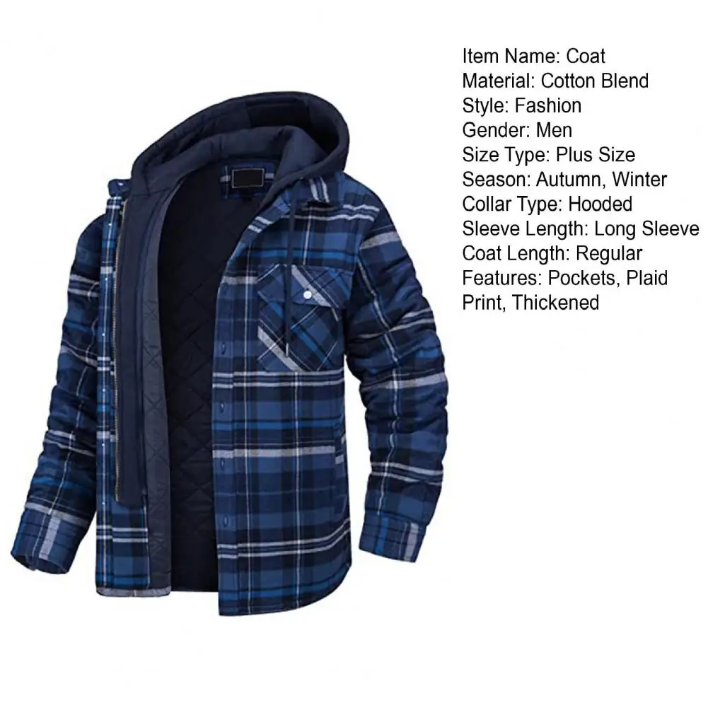 Plaid Print Drawstring Multi Pockets Long Sleeve Single Breasted Casual Jacket Winter Thickened Cotton Padded Hooded Outerwear