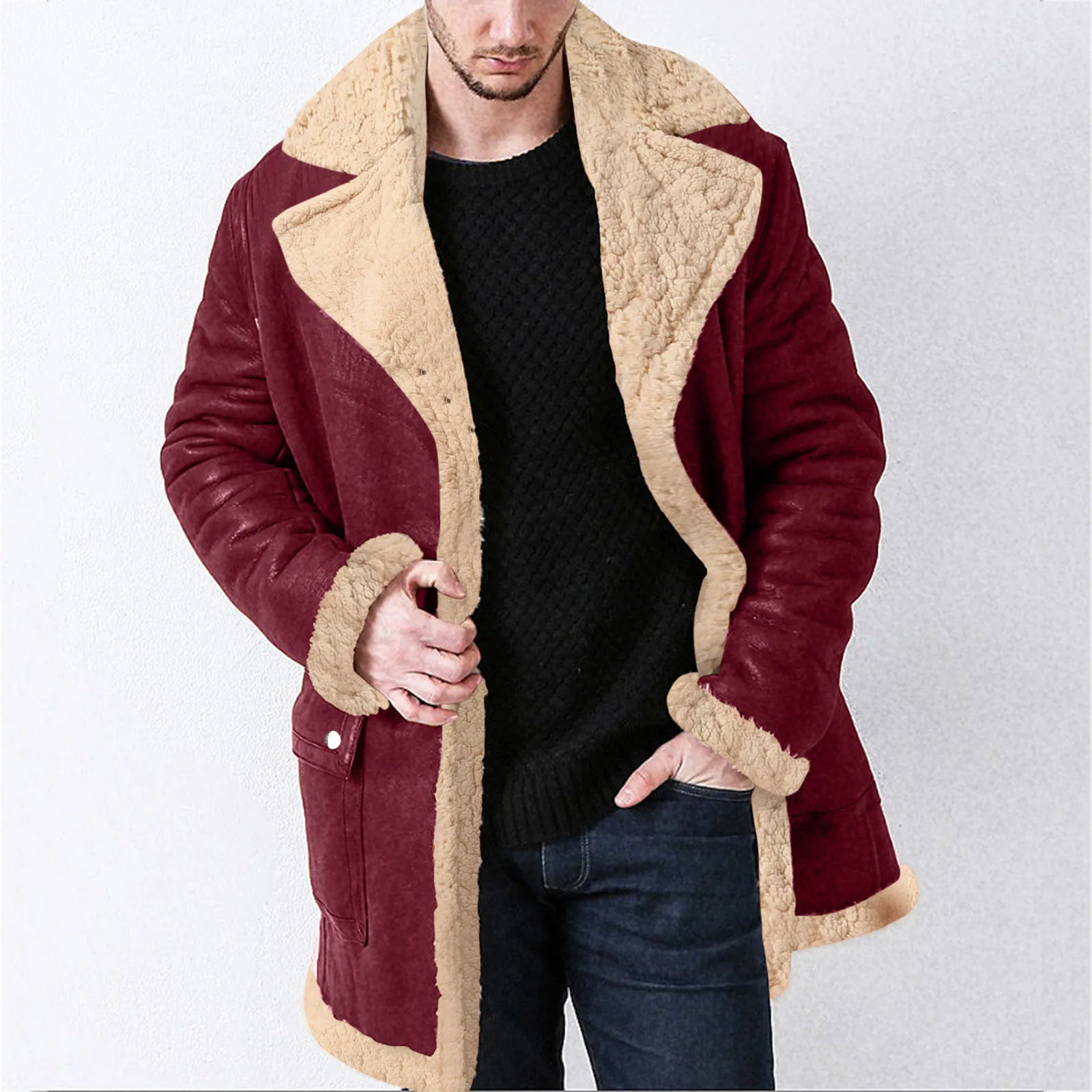 

Men Winter Zipper Coat Lapel Collar Long Sleeve Padded Leather down Insulated Jackets Men's Jackets for The Cold