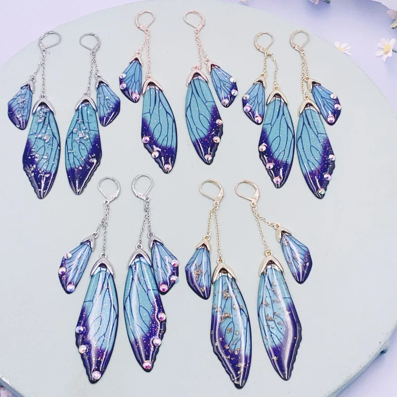 

Minar Wonderful Blue Gradient Simulation Wings Drop Earrings for Women Resin Butterfly Sequined Crystal Long Tassel Earring Gift