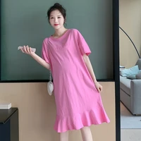 maternity summer dress korean style simple fashion letter printing loose pink t shirt midi dress ruffles soft and delicate