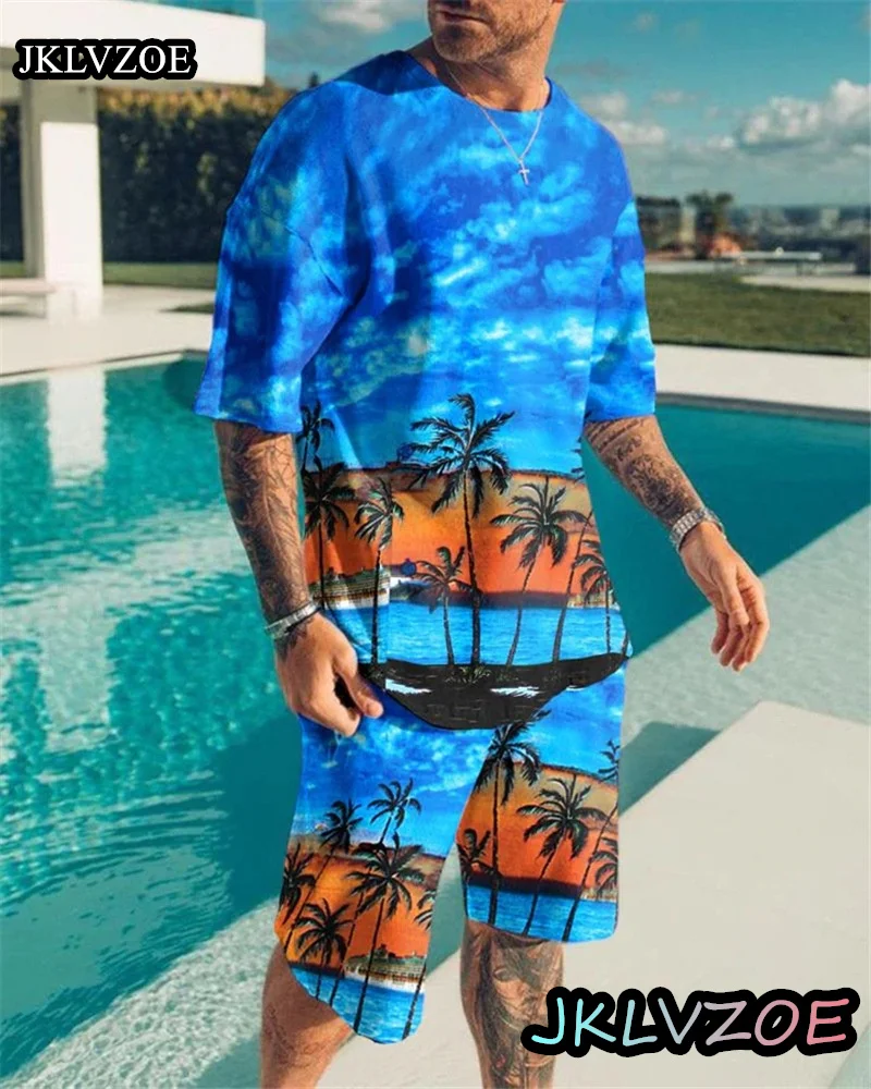 

Summer Men's Casual Set Hawaiian Beach Sportwear Jogging 2-piece Oversize 3D Print Suit Short Sleeve Shirt+Shorts Tracksuit