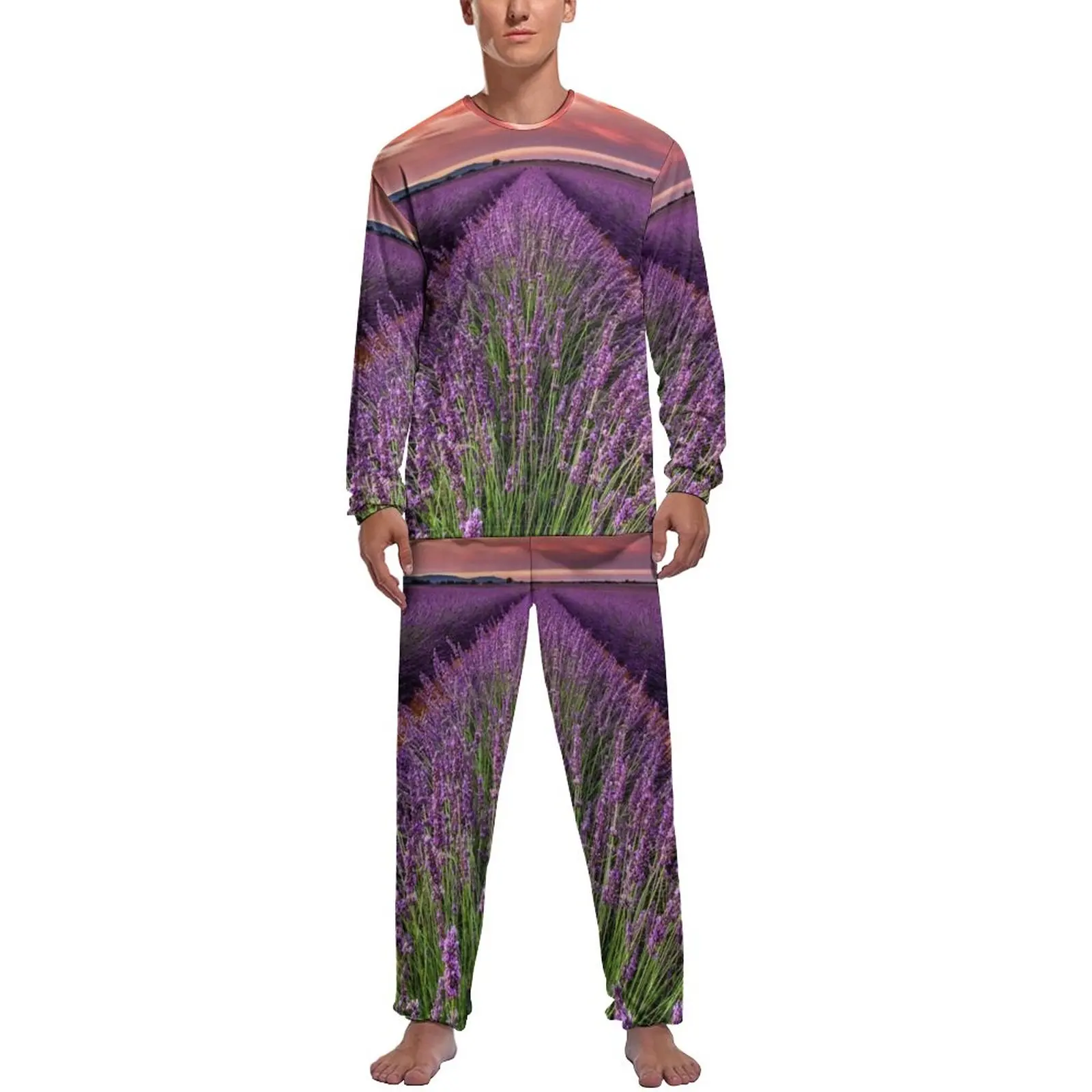Field of Lavender Pajamas Spring Two Piece Sunset Print Warm Pajama Sets Man Long Sleeve Bedroom Design Sleepwear