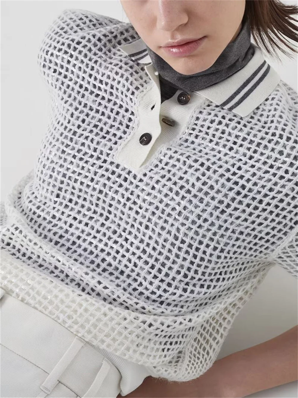 

White Women Knit Short Sleeve Sweater Hollow out Turn-down Collar Female Slim Jumper 2023 Summer
