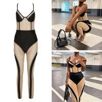 women romper contrast color tight slim fit skinny high waist long sleeves soft slim fit color matching jumpsuit women clothes