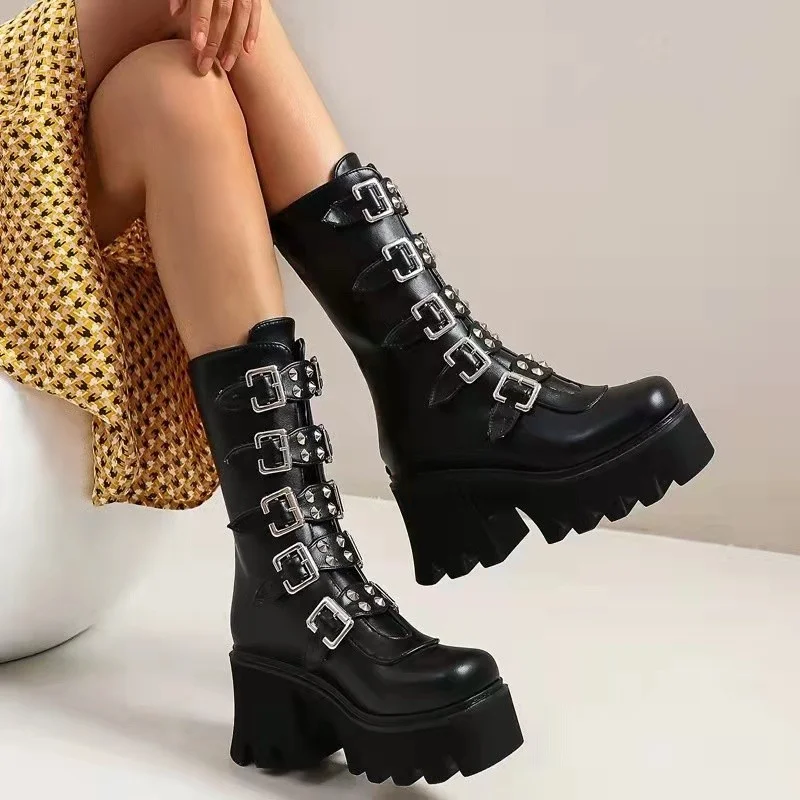 

Ladies Punk Rock Platform High-heeled Boots with Thick-soled Platform Handsome Rear Zipper Large Size Stage Boots