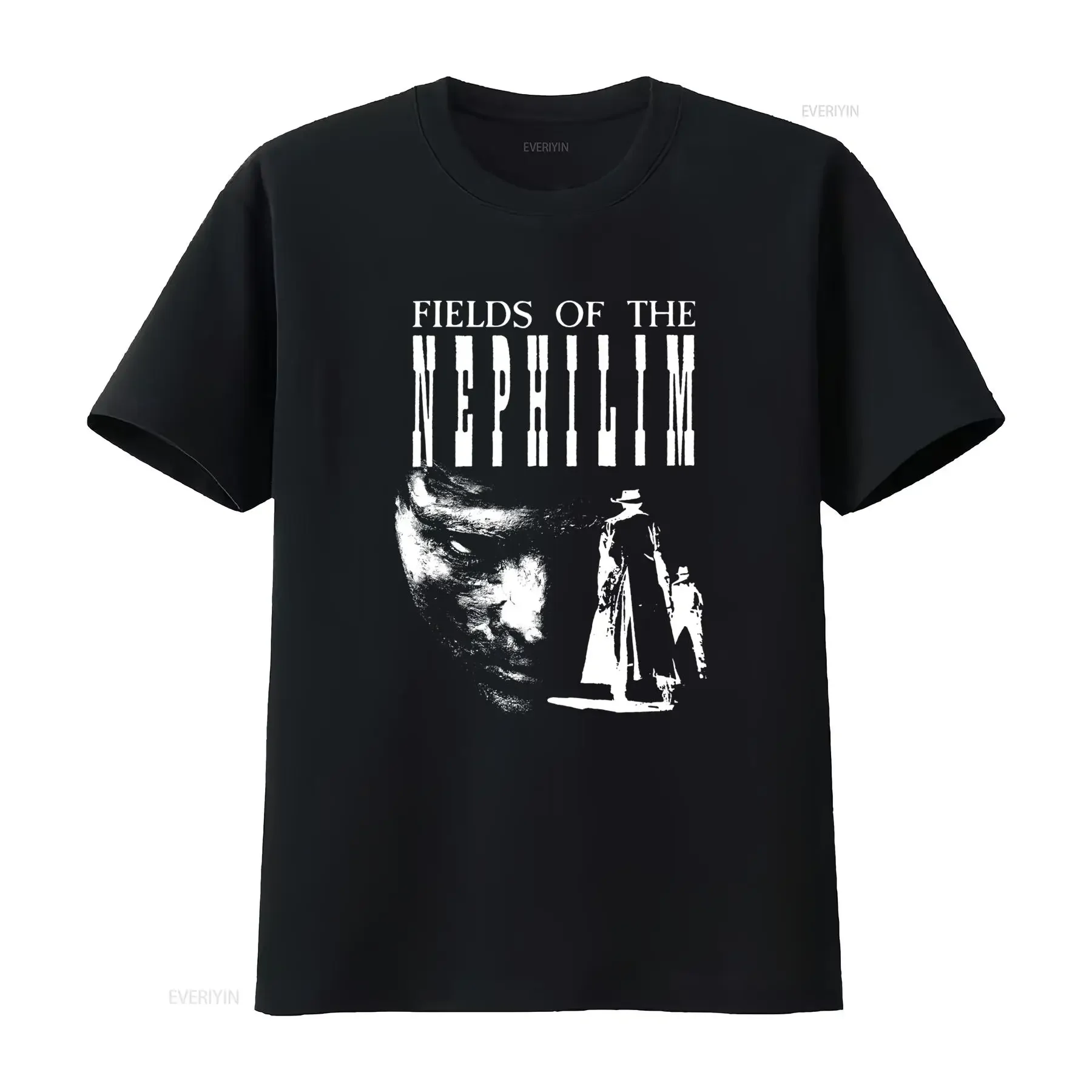 Фото Винтажная футболка с принтом группы Fields of the Nephilim для фанатов рок-музыки, стильная, с эффектом потертости, с графическим изображением, слегка состаренная. №1