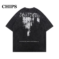 chips 2022 summer vintage washed dark letter printed t shirt men women streetwear hip hop t shirts high quality cotton top tees