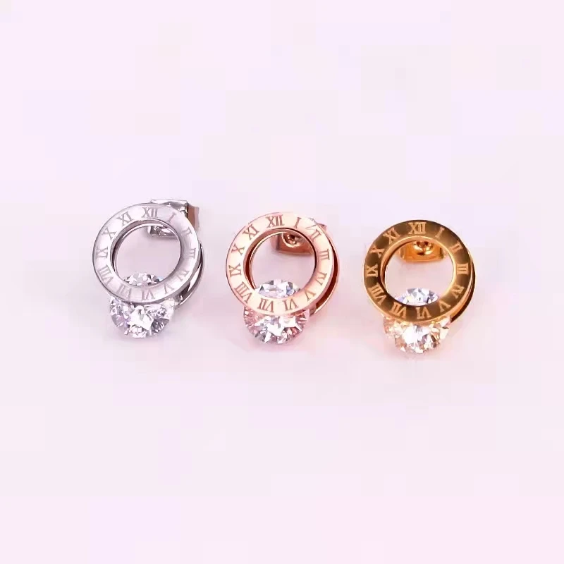 

Simple Fashion Roman Number Zircon Stud Earring Rose Gold Color Woman Birthday Gift Titanium Steel Jewelry Never Fade Accessory