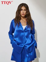 ttqv fashion long sleeve blouses 2 piece sets womens outifits casual blue satin home suits female elegant loose shorts set