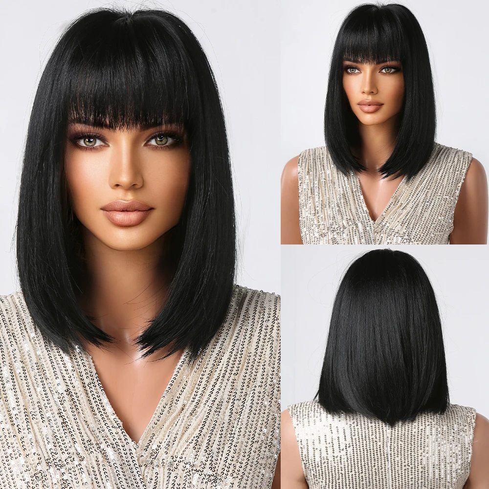 

Short Straight Black Synthetic Wigs with Bangs Shoulder Length Hair Wig for Afro Women Daily Party Cosplay Heat Resistant Fiber