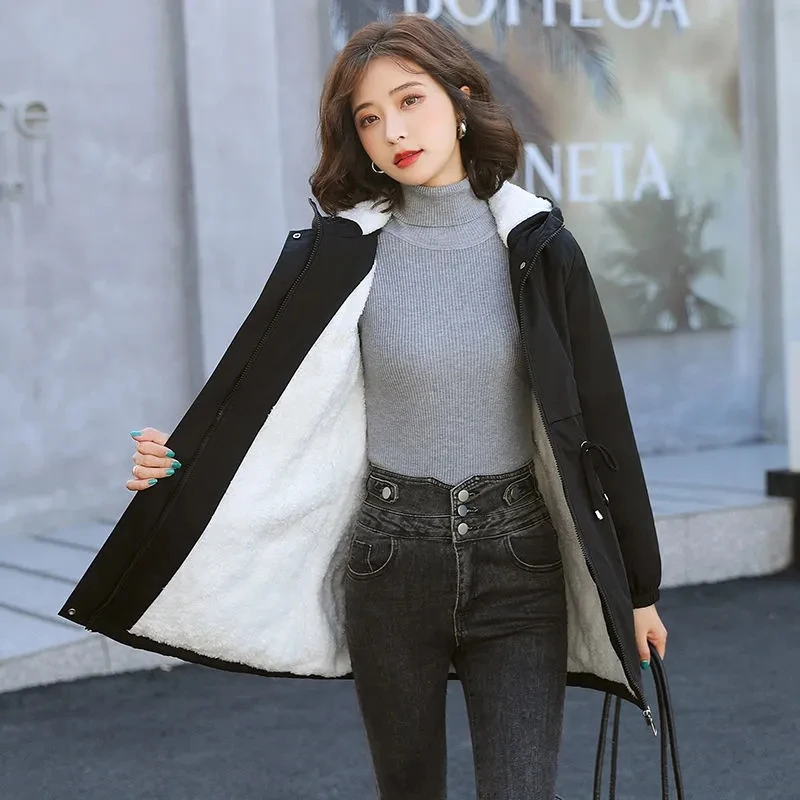 Mid-length Cotton Padded Thicken Plus Velvet Coat Women Hooded Overcoat Snow Wear Windbreaker Casual Jacket Loose Parkas Top