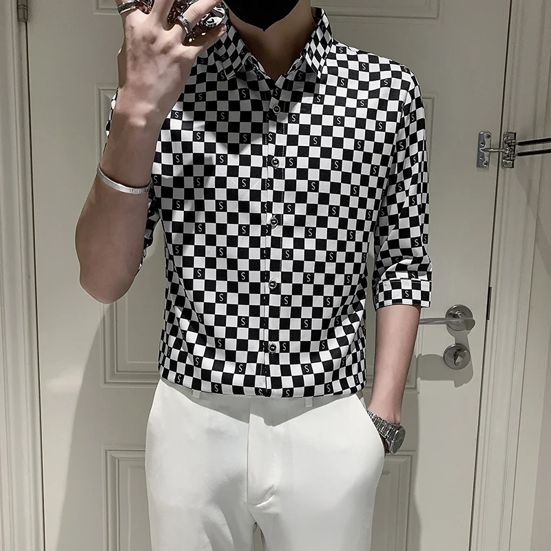 2022 Korean Style Men's Summer Half Sleeve Shirts/Male Slim Fit Plaid High Quality Lapel Business Shirts Plus size S-3XL