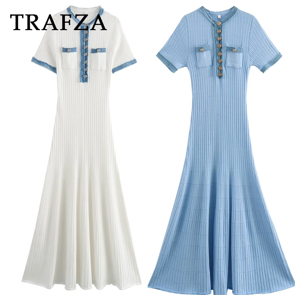 Женское джинсовое платье в стиле пэчворк однобортное длинное трикотажное с