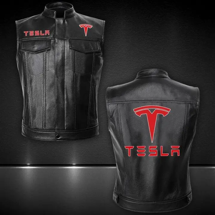 

2023 New Spring Autumn Man's Tesla Car Logo Black Fashion Sleeveless Vest Windproof Zipper Leather Solid Color Men Vest