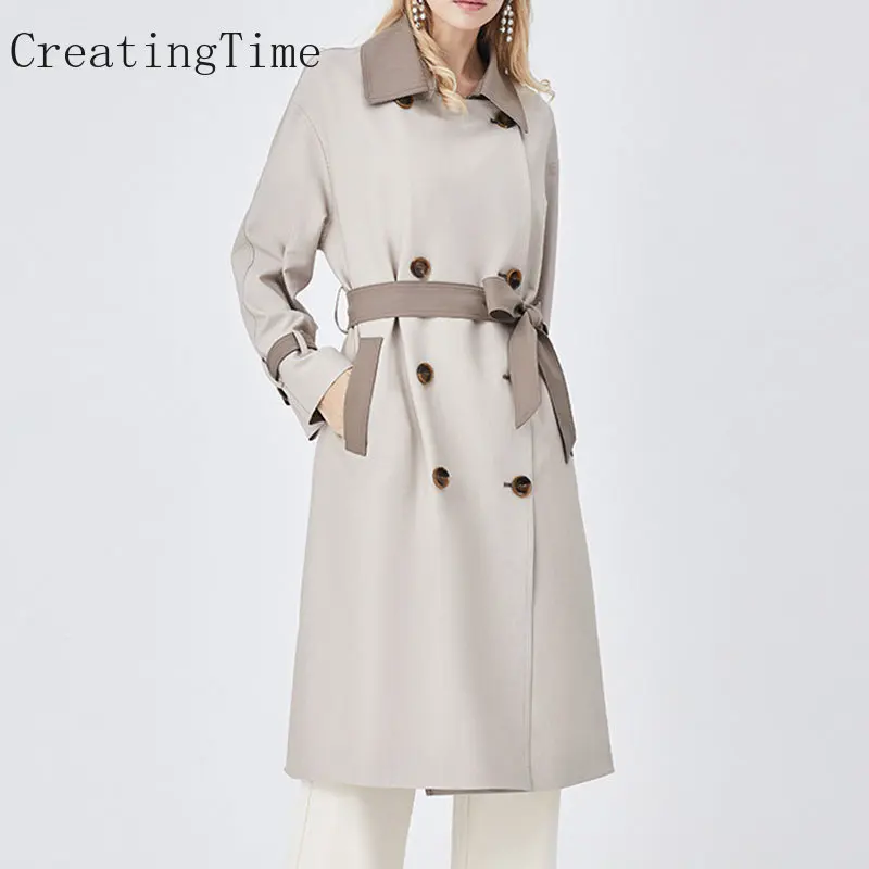 

2022 Autumn Winter New Korean Trench Coat Women's Casual Wild Contrast Color Classic Mid-length Windbreaker Coat Female LH942