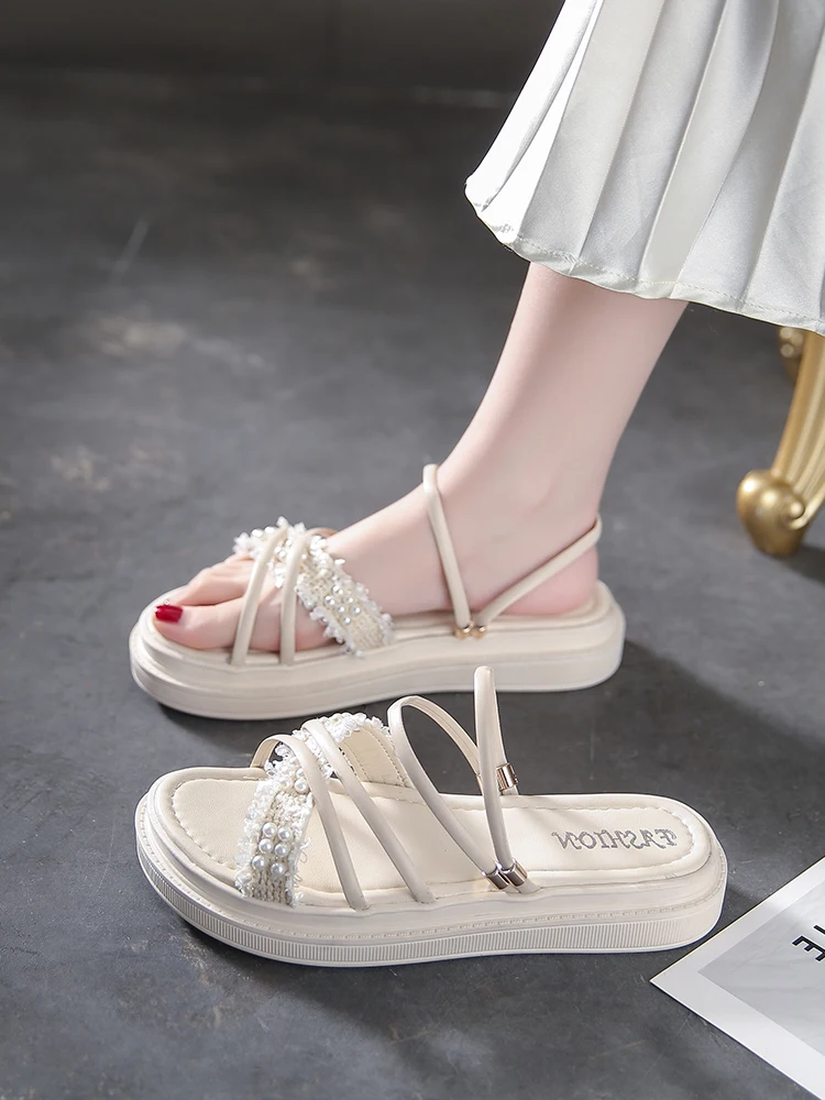 

Shoes Ladies' Slippers Med Luxury Slides Slipers Women Platform String Bead Flat Designer Girl Soft 2023 Summer Basic Scandals R