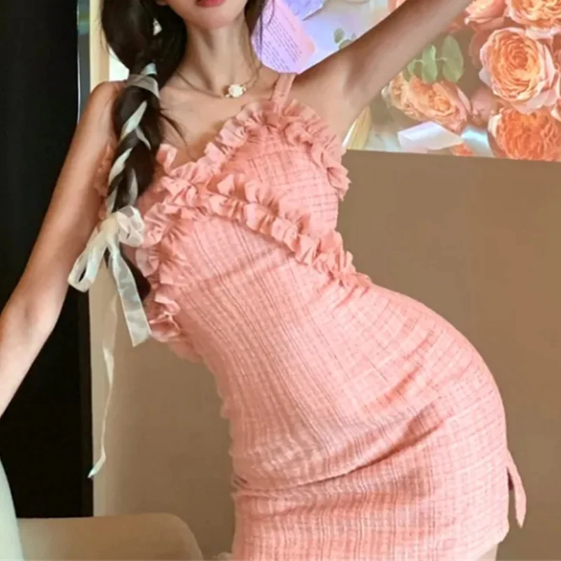 

Женское твидовое платье с разрезом, розовое Шерстяное приталенное мини-платье на бретелях, элегантное кружевное платье для вечеринки в Корейском стиле, N412