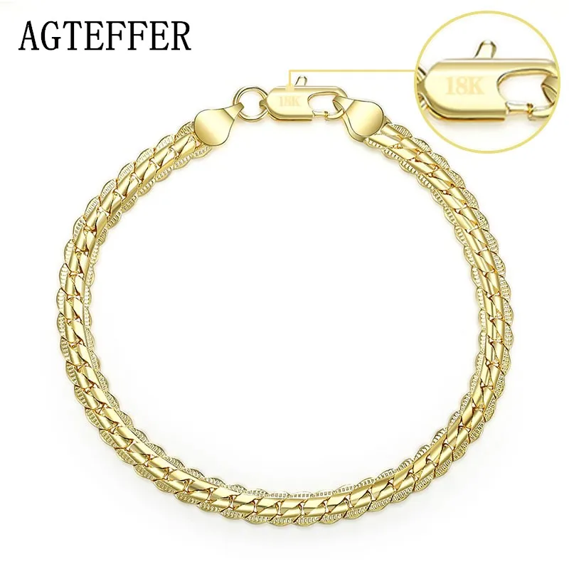 

AGTEFFER 925 Sterling Silver 18K Gold 6mm Sideways Chain Bracelet For Women Man Wedding Engagement Fashion Jewelry