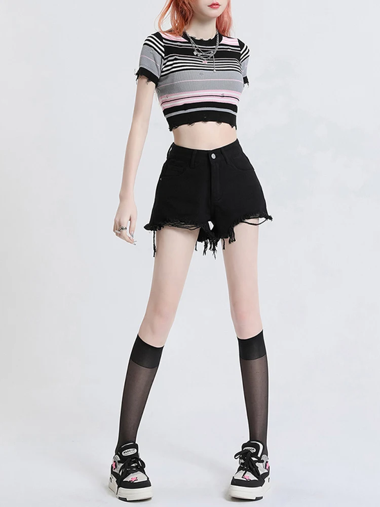 Streetwear Women High Waist Loose Hole Frayed Denim Shorts Spring Summer Female Button Wide Leg Jeans Shorts Bottoms