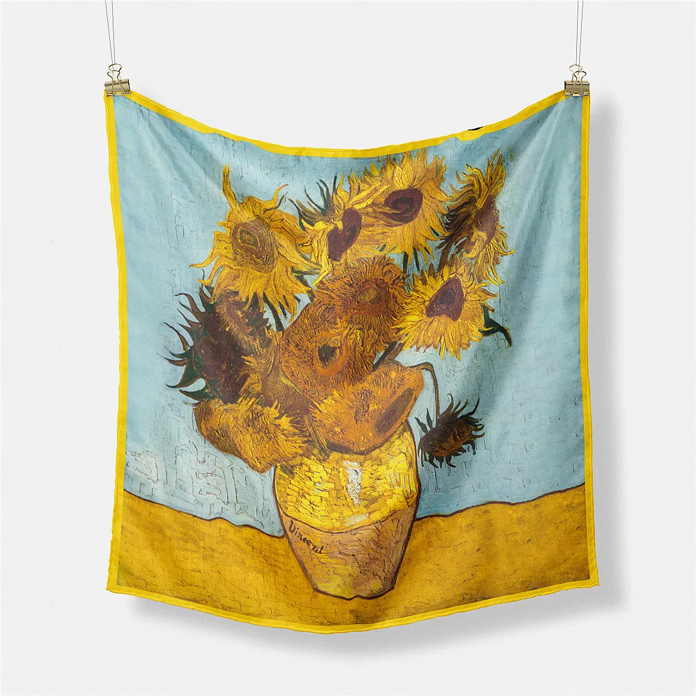 

53cm silk scarf women luxury Van Gogh oil painting series twill print small square scarf designer new women's head scarf hijab
