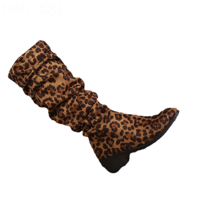 Женские замшевые высокие сапоги с леопардовым принтом туфли до колена на среднем