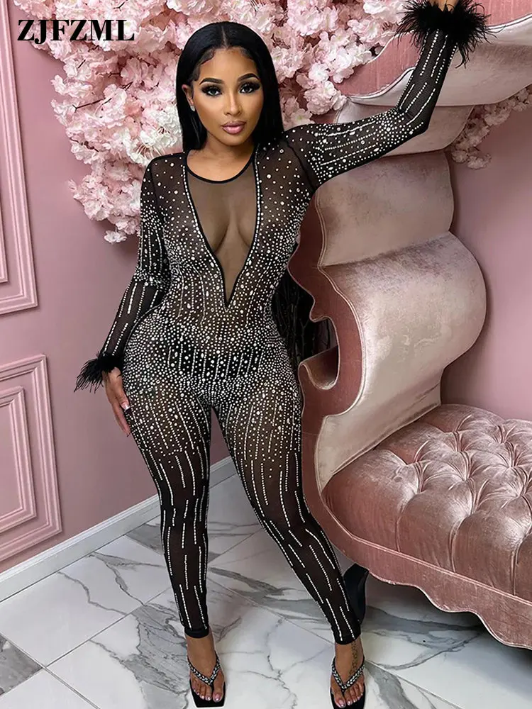 

Chic Woman Sheer Mesh Hot Diamond Rhinestones One Piece Jumpsuit Vintage Crew Neck Long Sleeve See Through Party Clubwear Romper