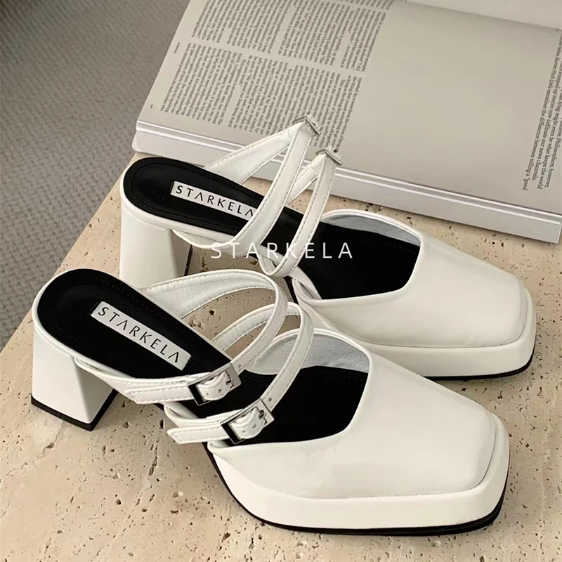 

2023 Designer Women Slipper Platform Slip On Mules Shoes Ladies Square High Heel Outside Slides Female Mary Jane Sandalias