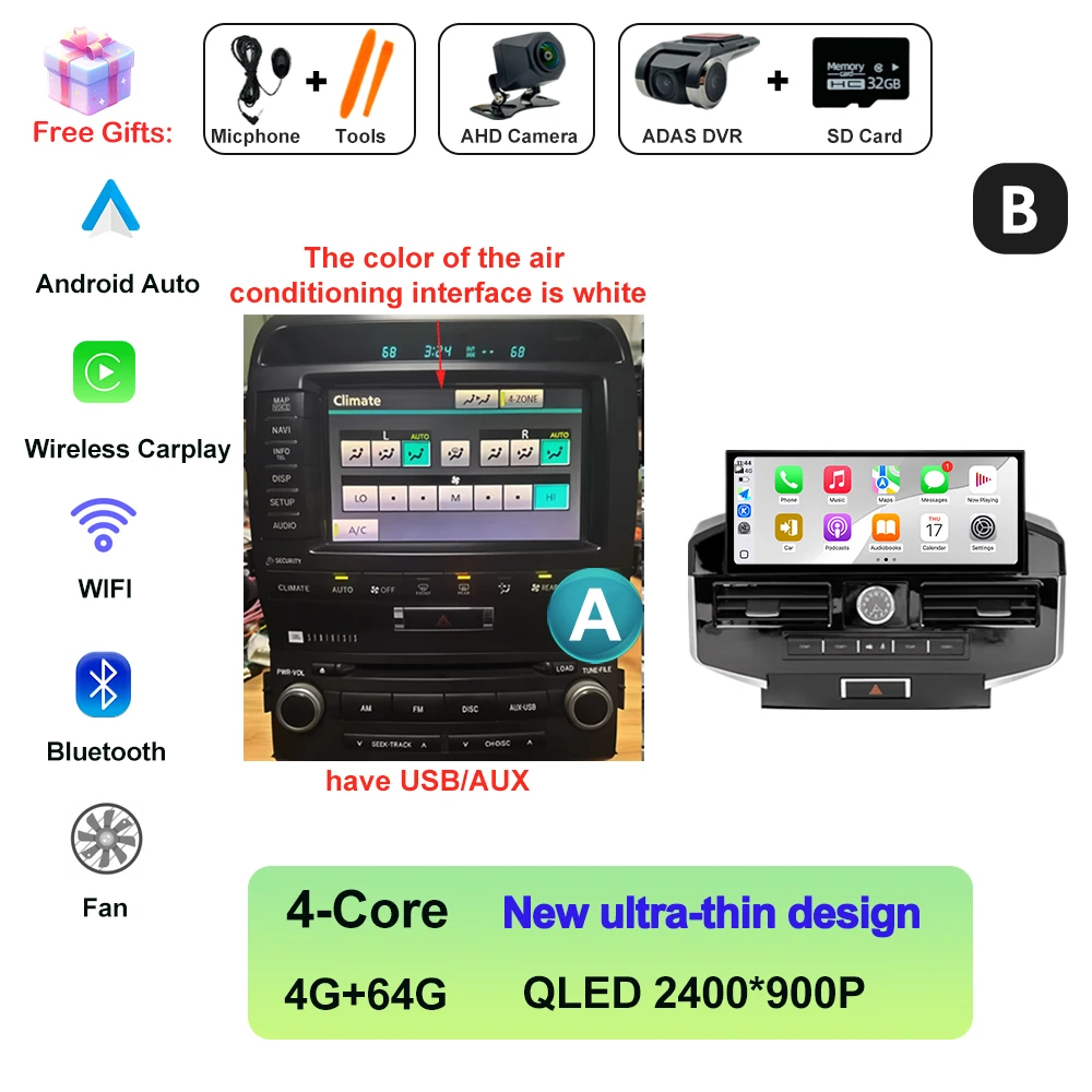 

Проводной автомобильный радиоприемник мультимедиа для Toyota Land Cruiser LC200 2007-2022 сенсорный экран QLED 2400*900P беспроводной CarPlay DSP стерео