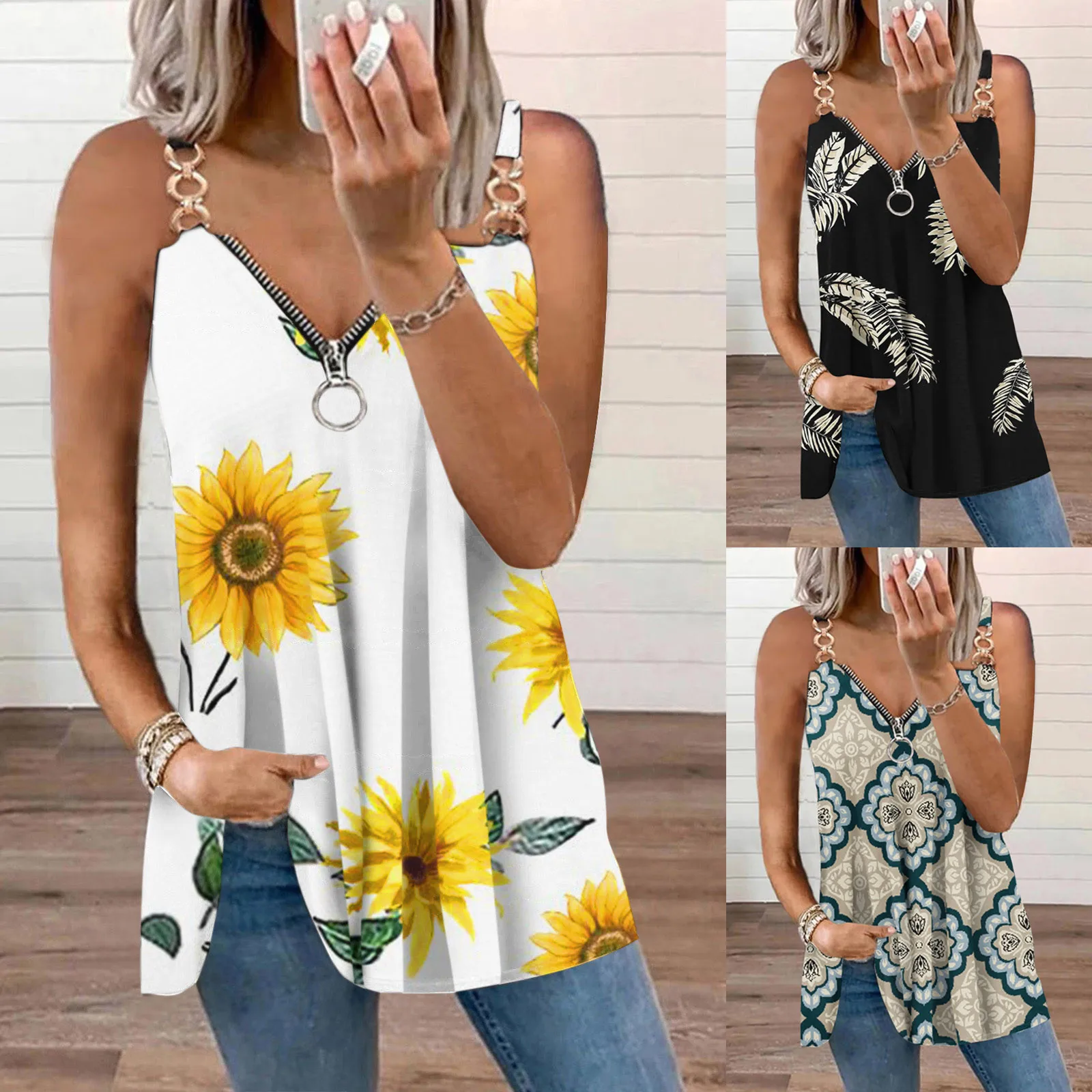 

Женская блузка с V-образным вырезом, рубашка на молнии, с принтом листьев, на бретельках, с открытыми плечами, уличная одежда в стиле бохо, без...