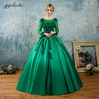 elegant green long sleeves satin ball gown lace appliques formal evening dresses princess quinceanera shiny beading prom gowns