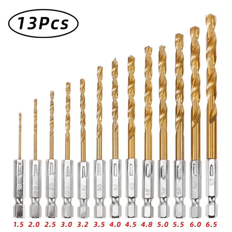 

13pcs Handle Drill Titanium Coated 1.5-6.5mm High Speed Steel Hexagonal Shank Drill Bits Kit Eletric Woodworking Drilling Tool