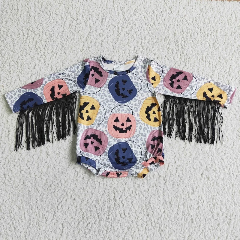 

Toddler Fashion Baby Girls Halloween Boutique Wholesale Fall Baby Children Clothing Bubble Snap Long Sleeves Tassel Baby Romper
