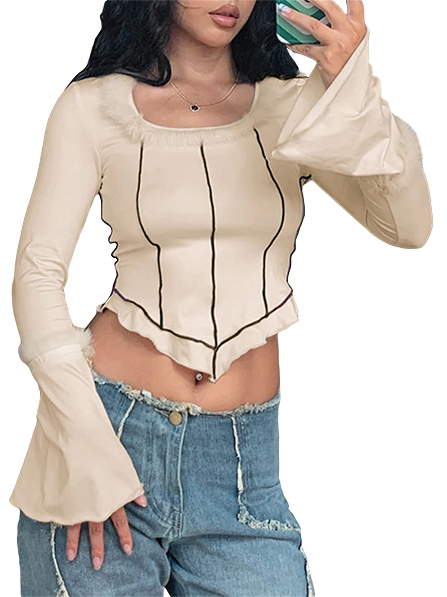 

Women Sexy Plush Splice Slim T-Shirts Contrast Color Round Neck Long Flare Sleeve Irregular Slim Crop Tops Spring Fall Outfit