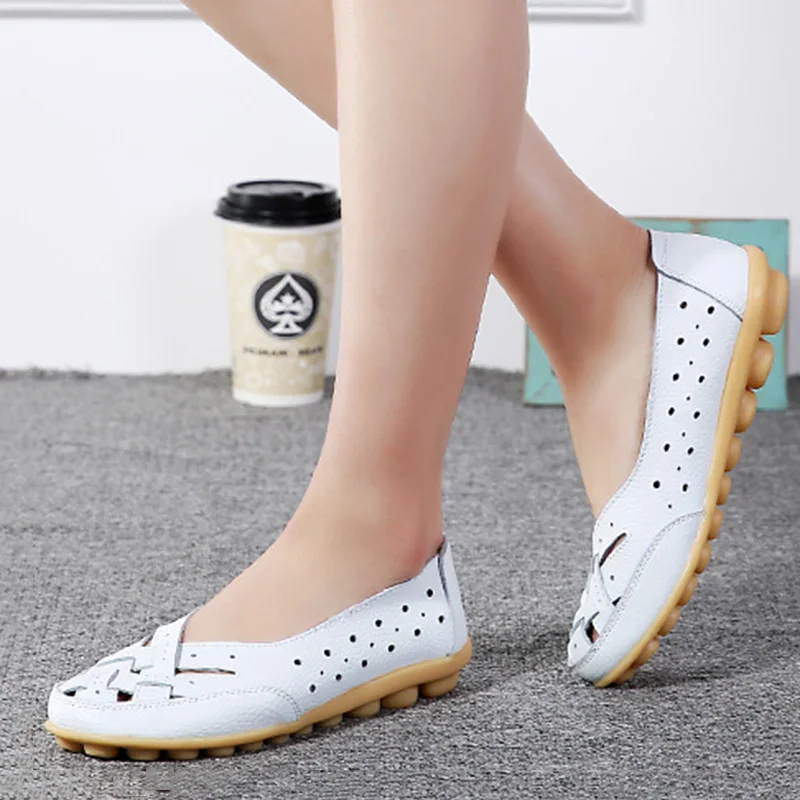 Spring Women's Flat Shoes Loafers Hollow Flat Shoes Women's Genuine Leather Shoes Women's Casual Moccasin Plus Size 35-44