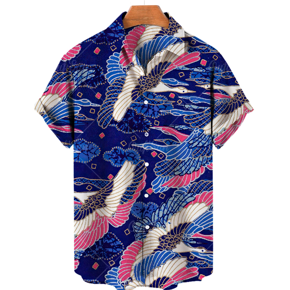 

2022 3d Print Shirt Crane Pattern Beach Hawaiian Shirt Summer Short Sleeve Streetwear Oversized Chemise Homme Camisa Masculina