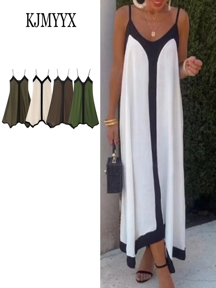 

KJMYYX 2023 Women Contrast Sling Long Dress Summer Elegant V-neck Sleeveless A-Line Robe New Female Loose Vacation Party Vestido