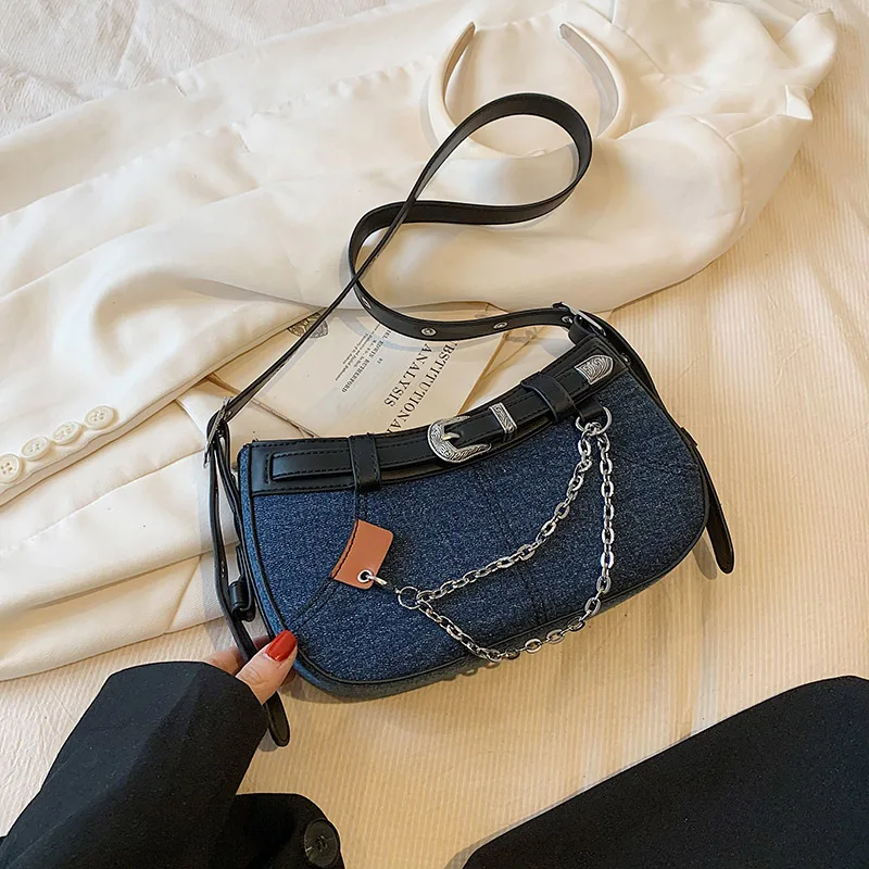 Internet Celebrity Denim Women's 2023 New Live Broadcast Niche Shoulder Korean Style Trendy Cool Casual Messenger Bag