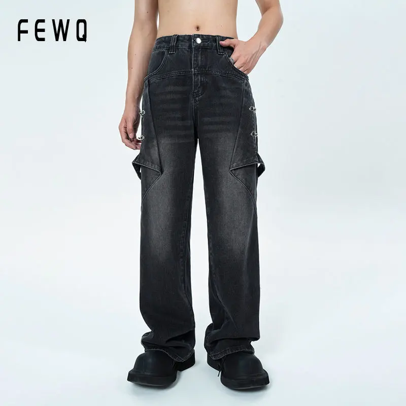 

FEWQ New Men Niche Design High Waisted Slightly Flared Loose Jeans Trend Porckets All Seasons Versatile High Street Pant 24X1001