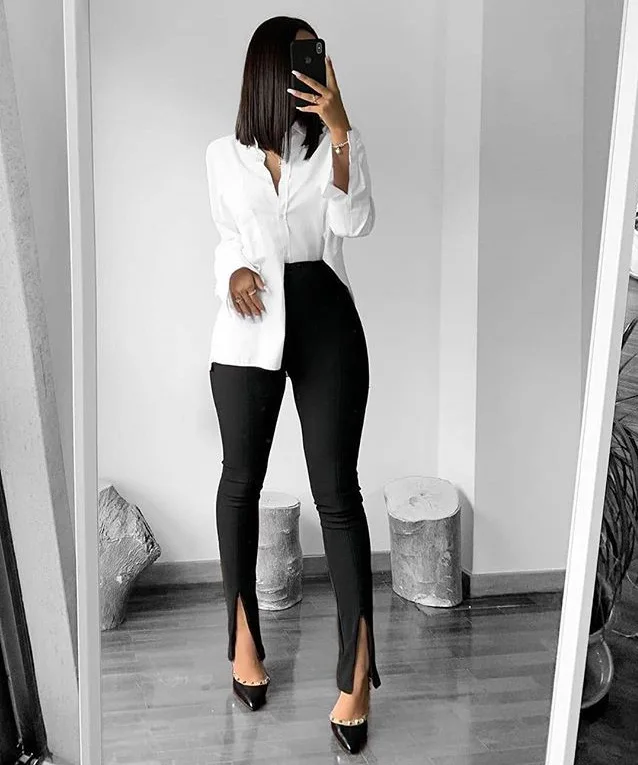 Office Lady Elegant Skinny Fit Stretchy Flare Pants with Slits Solid High Waist Push Up Buttom Ankle Length Trousers For Women