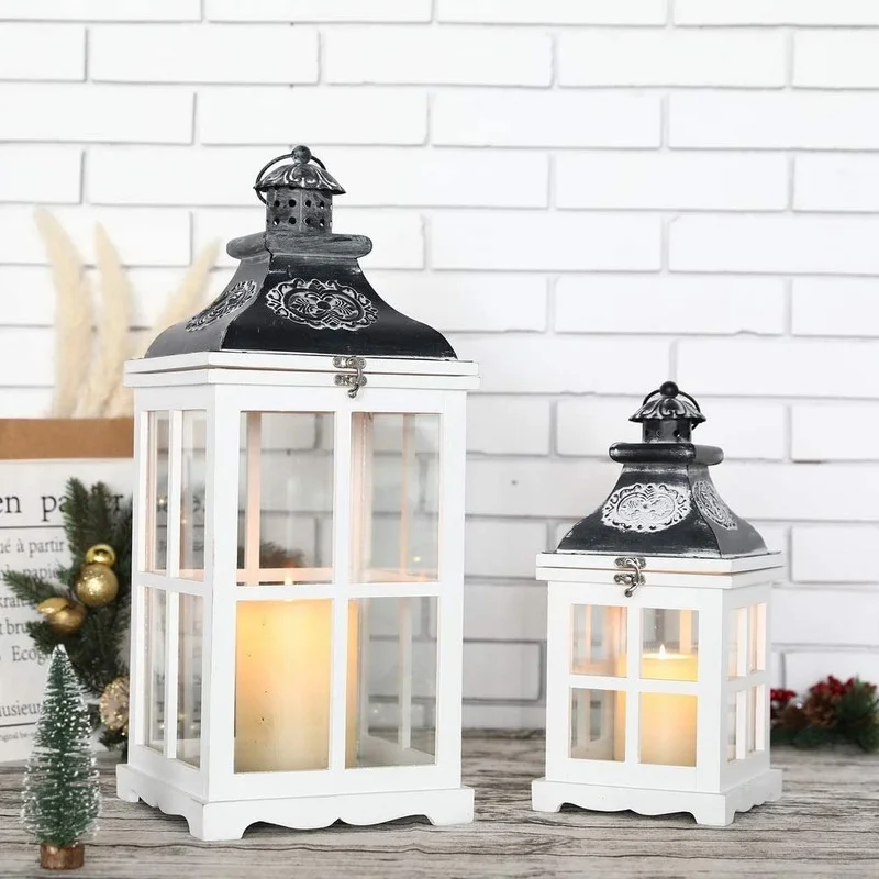 

Set of 2 White Wood Decorative Candle Lanterns 21.5"&14" High Metal Lanterns for Weddings Vintage Style Hanging Lantern