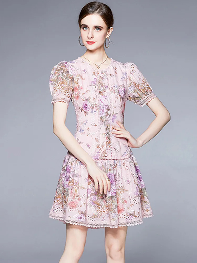 

Summer New High-End Slim Mini Dress Women Elegant Fashion Embroidery Hollow Out Puff Sleeve Floral Print Party Dresses Vestidos