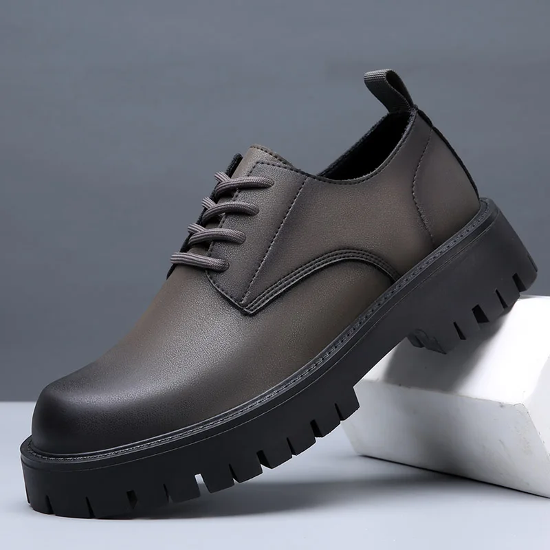 Black Grey Lace-up Derby Shoe Gentleman Original Leather Footwear Zapatos Hombre