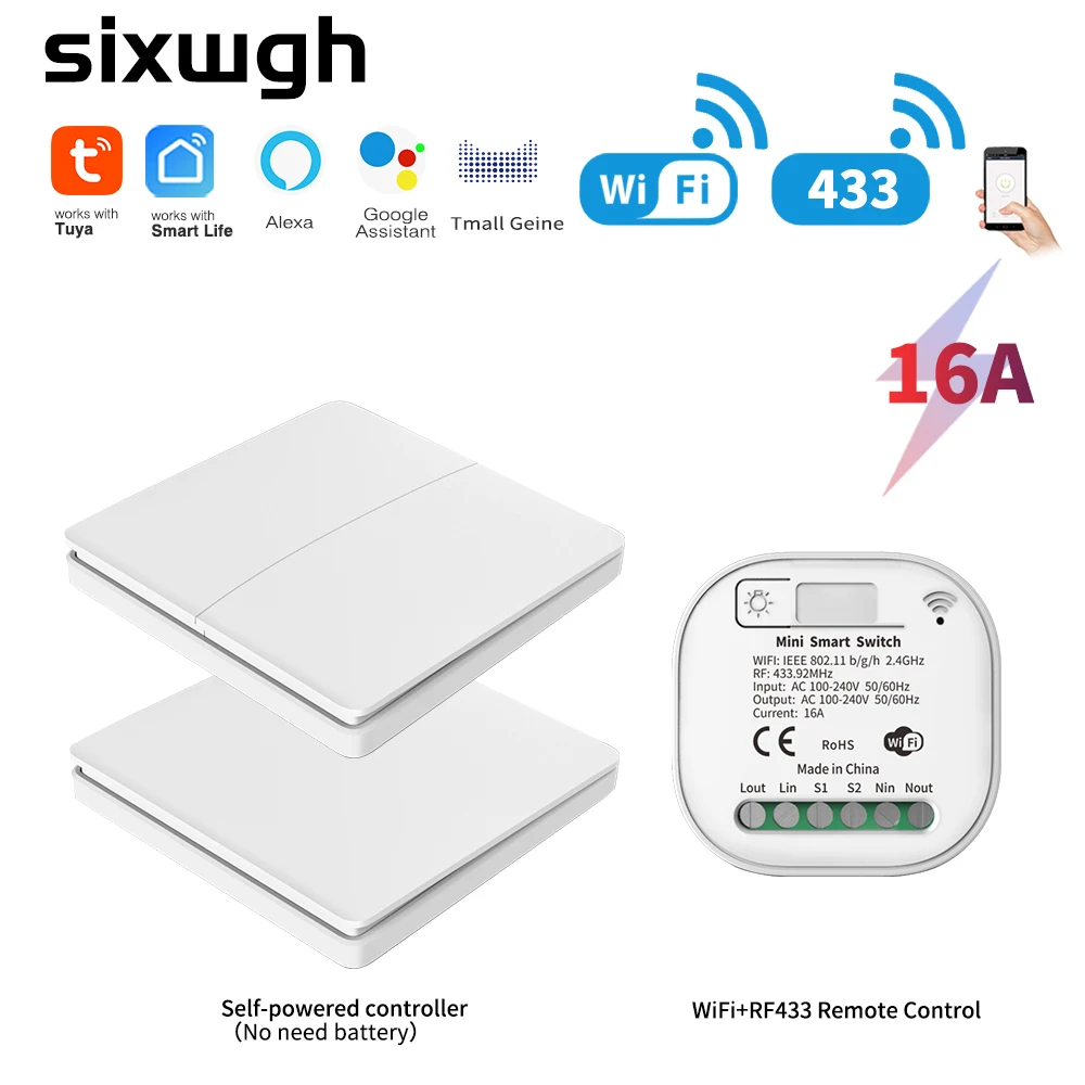 Купи SIXWGH 16A WIFI Switch Smart Home Tuya App Remote Control Smart Timer Switch No Battery Light Switch Work with Google Home Alexa за 456 рублей в магазине AliExpress