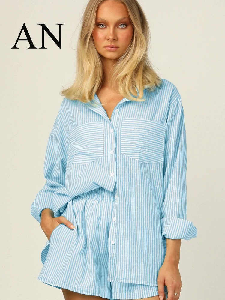 

Summer New Women's Suit Loose Leisure Striped Shirt Shorts Home Two-Piece Set Summer Two Piece Set Women Elegant Women's Sets