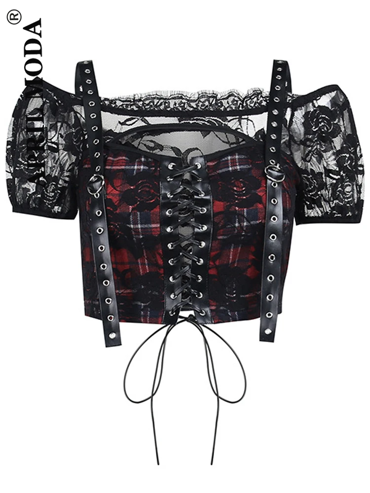 

2022 Sexy Black Plaid Lace Blouse Gothic Emo Tops Patchwork Shirt Femme Blusas PU Leather Women Blouse Slash Neck Vintage Shirts