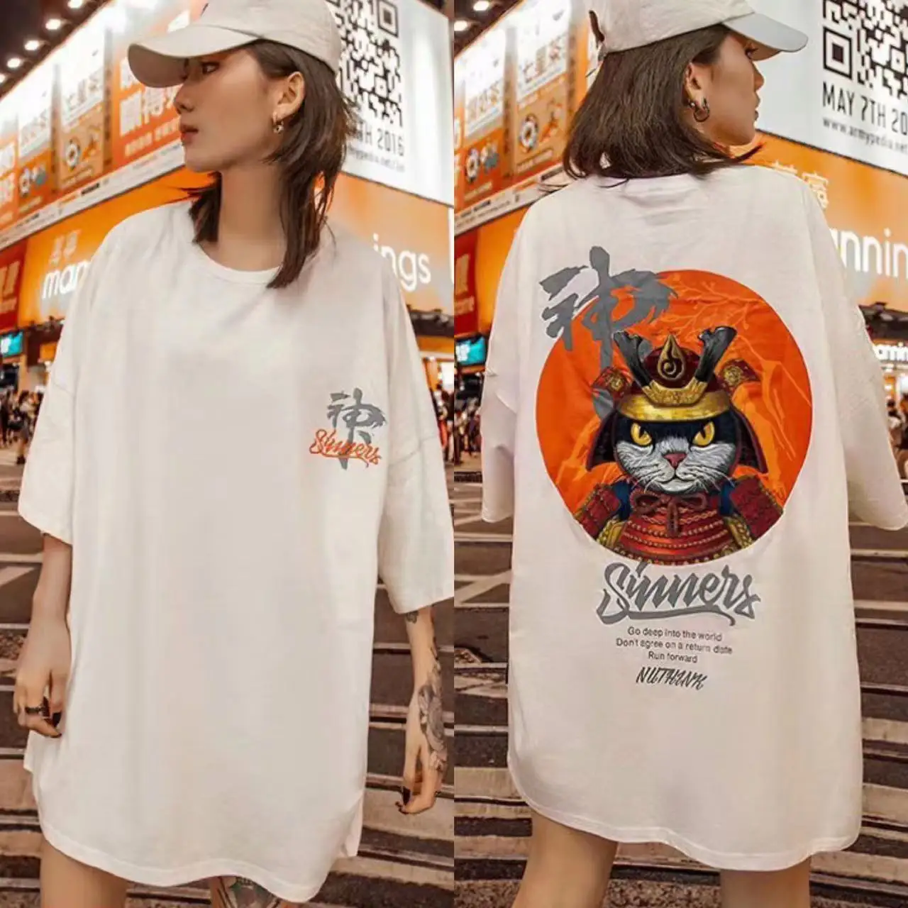 

2022 Cat Samurai Print T-Shirt Colorful Cartoon Kungfu Panda Men Women High Street Casual Oversize T Shirt