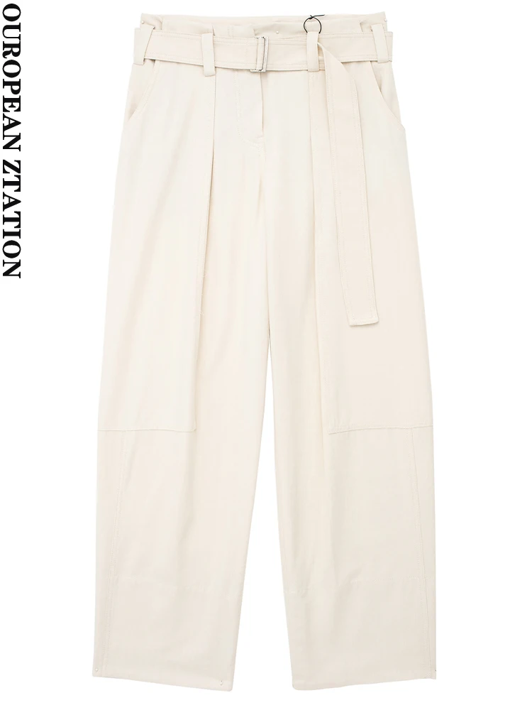 PAILETE Women 2023 fashion with belt side pockets straight pants vintage mid-waist zipper fly female trousers mujer